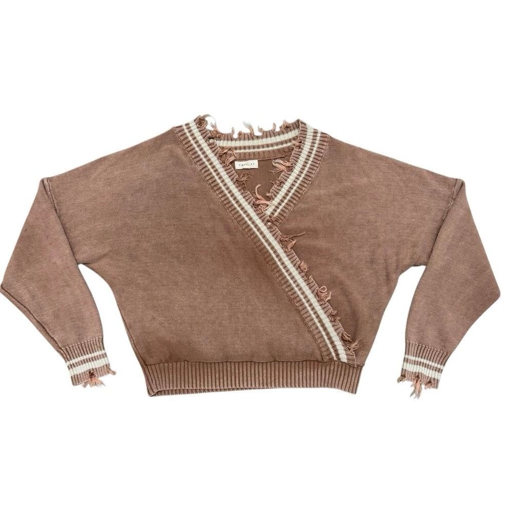 Promesa Distressed Varsity Sweater Brown Cropped V-Neck Cotton Blend L
